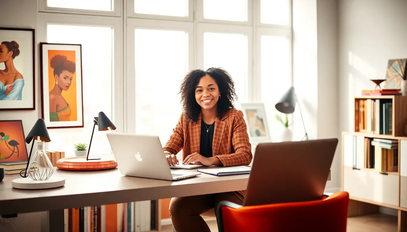 young woman brainstorming in a modern home office with vibrant decor.