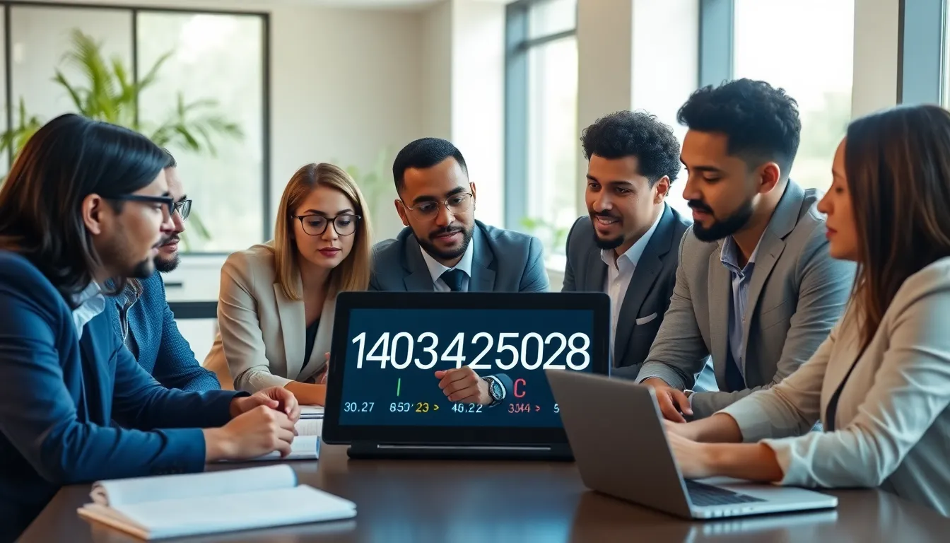 diverse team collaborating over a digital display in a modern office.
